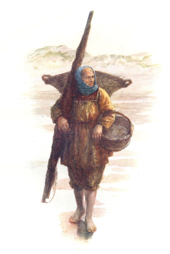 BELGIUM. A Shrimper, Koksijde Coxyde 1908 old antique vintage print picture